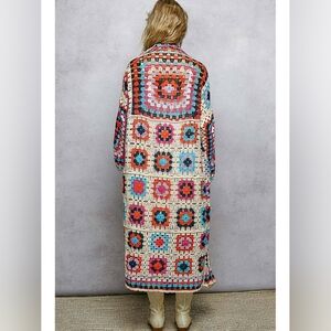 POL Colorful Granny Square Crochet Long Cardigan Duster Kimono